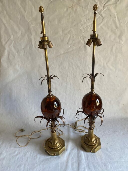 1950/70 Pair of Bronze Lamps and Egg Amber Way Signed Charles - Image 4