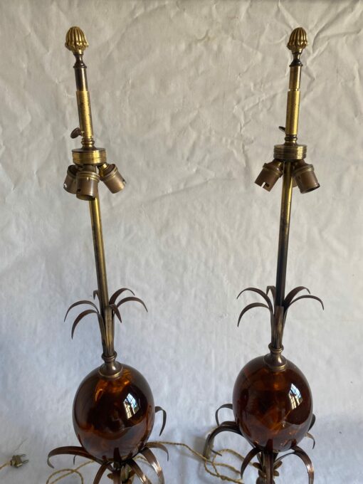 1950/70 Pair of Bronze Lamps and Egg Amber Way Signed Charles - Image 3