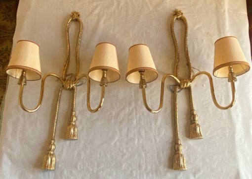 1970/80′ Pair Of Gilt Bronze Sconces Signed Valenti Decor Passementerie - Image 4