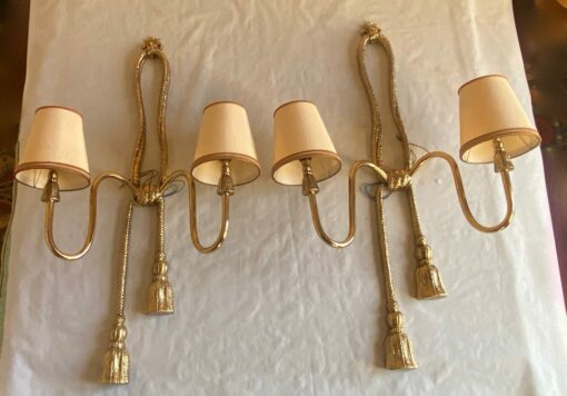 1970/80′ Pair Of Gilt Bronze Sconces Signed Valenti Decor Passementerie - Image 3