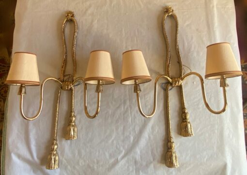 1970/80′ Pair Of Gilt Bronze Sconces Signed Valenti Decor Passementerie