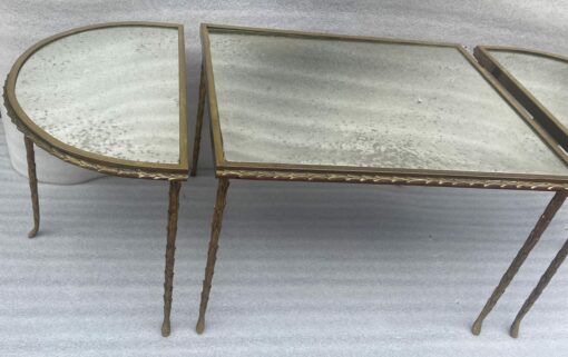 1970′ Table Tripartite Maison Charles Décor Palmier en Bronze Doré avec Plateaux Miroir  125 X 52 X H 42 cm – Image 16