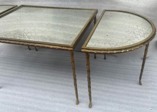 1970′ Table Tripartite Maison Charles Décor Palmier en Bronze Doré avec Plateaux Miroir  125 X 52 X H 42 cm – Image 15