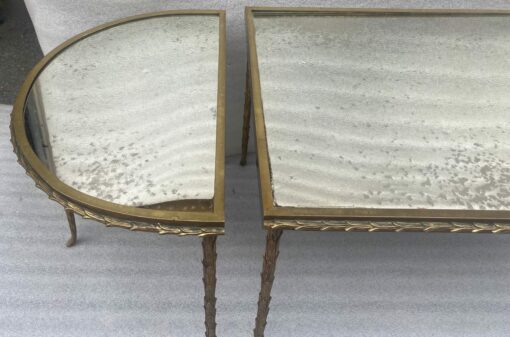 1970′ Table Tripartite Maison Charles Décor Palmier en Bronze Doré avec Plateaux Miroir  125 X 52 X H 42 cm – Image 13