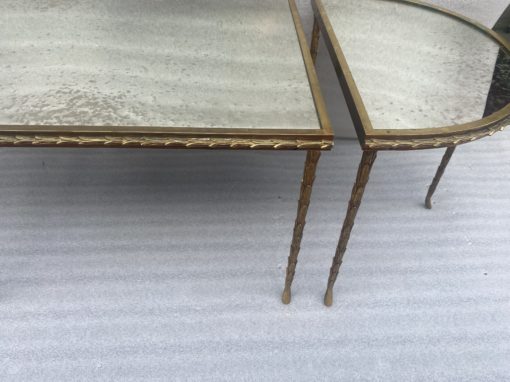 1970′ Table Tripartite Maison Charles Décor Palmier en Bronze Doré avec Plateaux Miroir  125 X 52 X H 42 cm – Image 12
