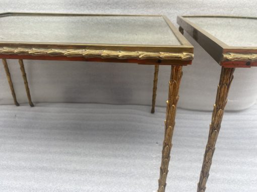 1970′ Table Tripartite Maison Charles Décor Palmier en Bronze Doré avec Plateaux Miroir  125 X 52 X H 42 cm – Image 11