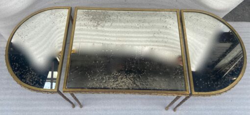 1970′ Table Tripartite Maison Charles Décor Palmier en Bronze Doré avec Plateaux Miroir  125 X 52 X H 42 cm – Image 3