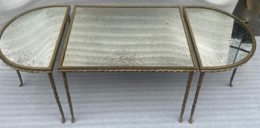 1970′ Table Tripartite Maison Charles Décor Palmier en Bronze Doré avec Plateaux Miroir  125 X 52 X H 42 cm