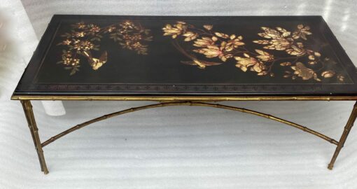 1970′ Table Basse Double Piétement Bronze Modèle Bambou Maison Baguès Laque De Chine 112 x 54 x H 38 cm – Image 2