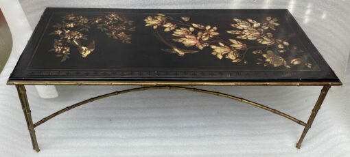 1970′ Table Basse Double Piétement Bronze Modèle Bambou Maison Baguès Laque De Chine 112 x 54 x H 38 cm