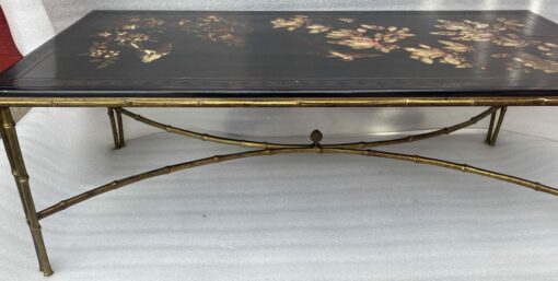 1970′ Table Basse Double Piétement Bronze Modèle Bambou Maison Baguès Laque De Chine 112 x 54 x H 38 cm – Image 4