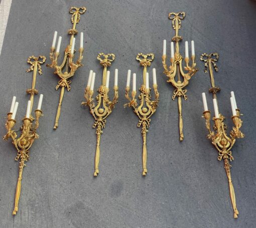 1890/1900' 3 Paires d' Appliques Style Louis 16 Bronze Doré D' Aprés Gouthiere