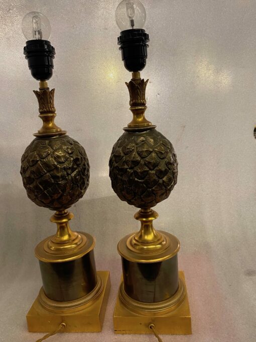 1950/70 Paire De Lampes à l’Ananas en Bronze Maison Charles Non Signées