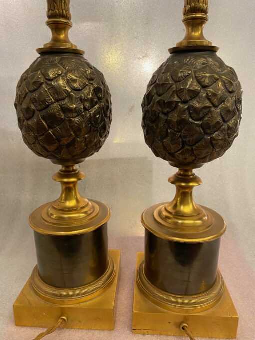1950/70 Paire De Lampes à l’Ananas en Bronze Maison Charles Non Signées – Image 11