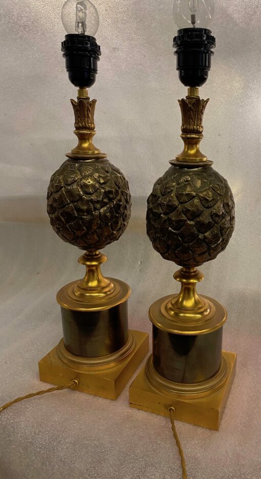 1950/70 Paire De Lampes à l’Ananas en Bronze Maison Charles Non Signées – Image 7