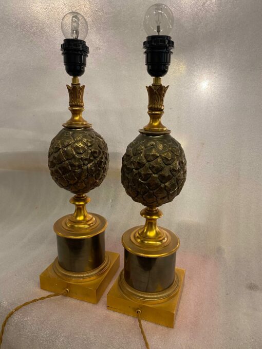 1950/70 Paire De Lampes à l’Ananas en Bronze Maison Charles Non Signées – Image 6