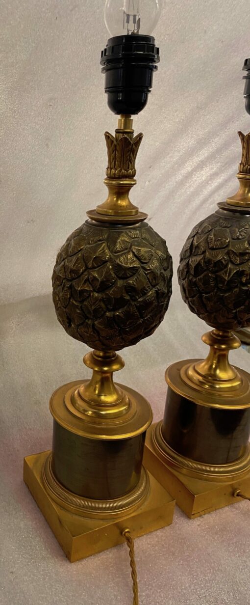 1950/70 Paire De Lampes à l’Ananas en Bronze Maison Charles Non Signées – Image 5