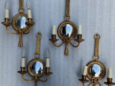1950/70′ Série De 4 Appliques en Bronze Doré Avec Miroir Convexe Signée Petitot