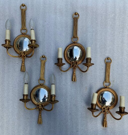 1950/70′ 2 Pairs of Sconces in Gilted Bronze With Convex Mirror Petitot Signed