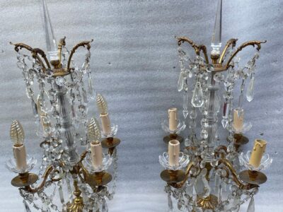 1950′ Pair Of Bronze Girandole Lamps 4 Arms Pampilles And Baccarat Daggers H 66 cm