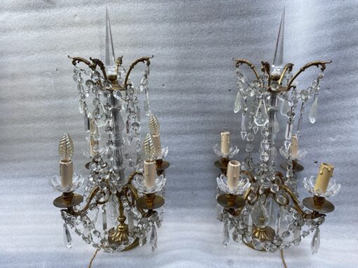 1950′ Paire De Lampes Girandoles Bronze 4 Bras Pampilles Et Poignards Baccarat H 66 cm – Image 3