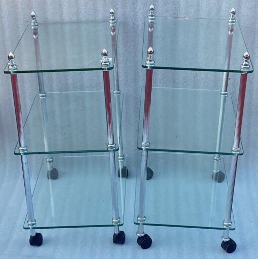 1970/80 ′ Pair Of Shelves On Wheels With 3 Levels in The Style of Maison Baguès Chromed Brass And Glass 32 x 28 X H 67 cm