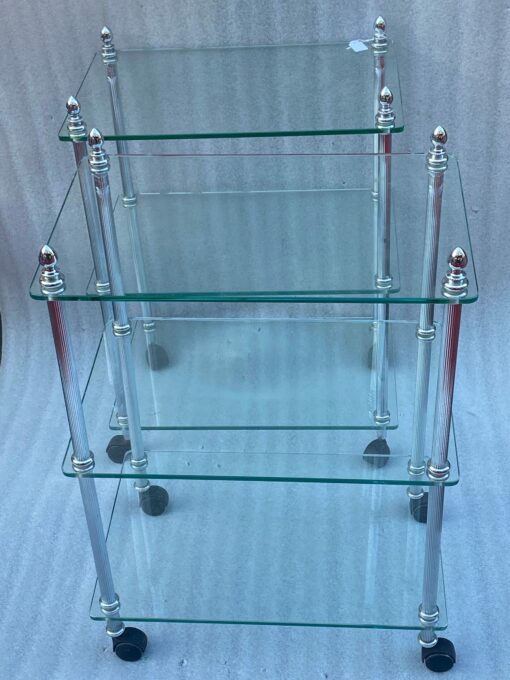 1970/80 ′ Pair Of Shelves On Wheels With 3 Levels in The Style of Maison Baguès Chromed Brass And Glass 32 x 28 X H 67 cm - Image 8