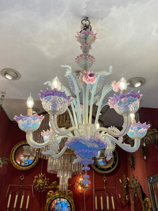 1950/70 ‘Murano Chandelier with 8 Light Arms in Opalescent Blue Glass and Pink Glass Paste With Sconces Pair