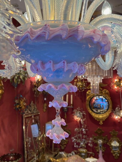 1950/70 ‘Murano Chandelier with 8 Light Arms in Opalescent Blue Glass and Pink Glass Paste With Sconces Pair - Image 2