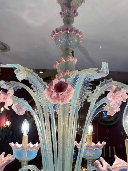 1950/70 ‘Murano Chandelier with 8 Light Arms in Opalescent Blue Glass and Pink Glass Paste With Sconces Pair - Image 3