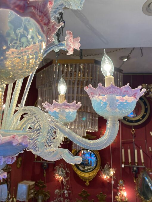 1950/70 ‘Murano Chandelier with 8 Light Arms in Opalescent Blue Glass and Pink Glass Paste With Sconces Pair - Image 4