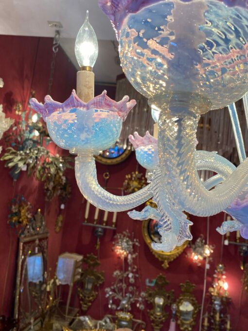 1950/70 ‘Murano Chandelier with 8 Light Arms in Opalescent Blue Glass and Pink Glass Paste With Sconces Pair - Image 5