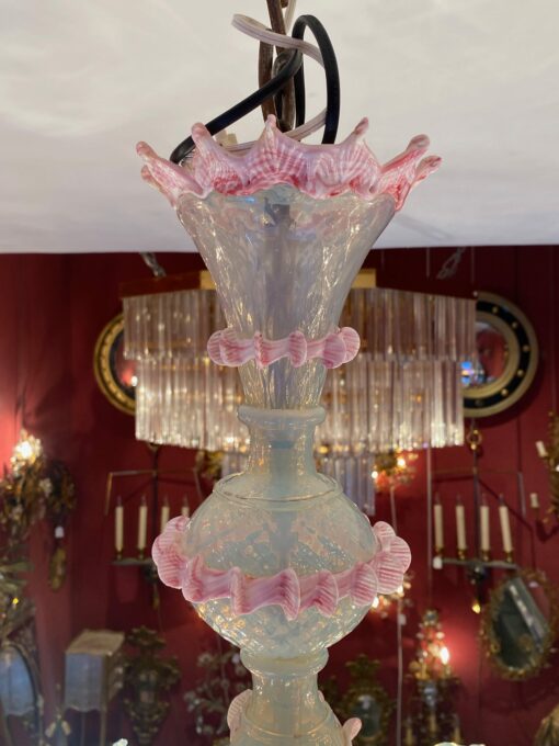 1950/70 ‘Murano Chandelier with 8 Light Arms in Opalescent Blue Glass and Pink Glass Paste With Sconces Pair - Image 6