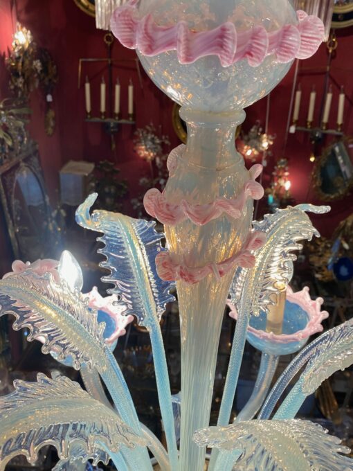 1950/70 ‘Murano Chandelier with 8 Light Arms in Opalescent Blue Glass and Pink Glass Paste With Sconces Pair - Image 7