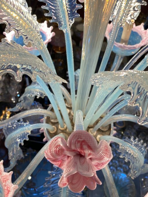 1950/70 ‘Murano Chandelier with 8 Light Arms in Opalescent Blue Glass and Pink Glass Paste With Sconces Pair - Image 8