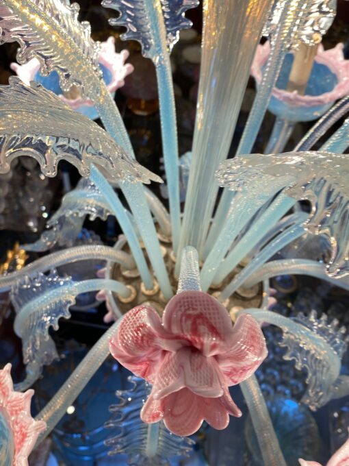 1950/70 ‘Murano Chandelier with 8 Light Arms in Opalescent Blue Glass and Pink Glass Paste With Sconces Pair - Image 9