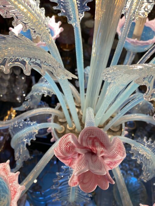 1950/70 ‘Murano Chandelier with 8 Light Arms in Opalescent Blue Glass and Pink Glass Paste With Sconces Pair - Image 10