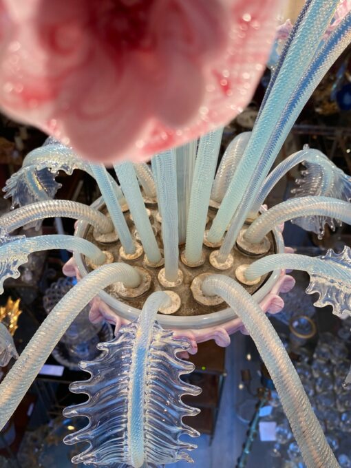 1950/70 ‘Murano Chandelier with 8 Light Arms in Opalescent Blue Glass and Pink Glass Paste With Sconces Pair - Image 11