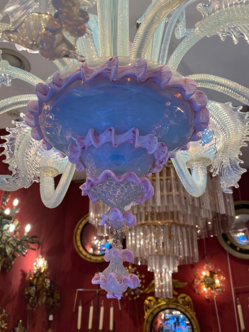 1950/70 ‘Murano Chandelier with 8 Light Arms in Opalescent Blue Glass and Pink Glass Paste With Sconces Pair - Image 12