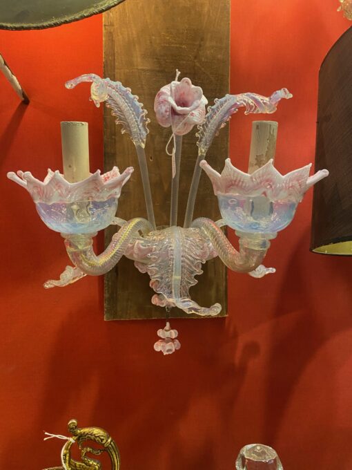 1950/70 ‘Murano Chandelier with 8 Light Arms in Opalescent Blue Glass and Pink Glass Paste With Sconces Pair - Image 13