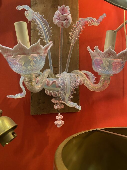 1950/70 ‘Murano Chandelier with 8 Light Arms in Opalescent Blue Glass and Pink Glass Paste With Sconces Pair - Image 17
