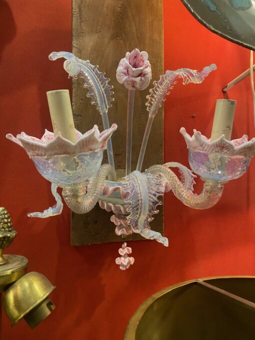 1950/70 ‘Murano Chandelier with 8 Light Arms in Opalescent Blue Glass and Pink Glass Paste With Sconces Pair - Image 18