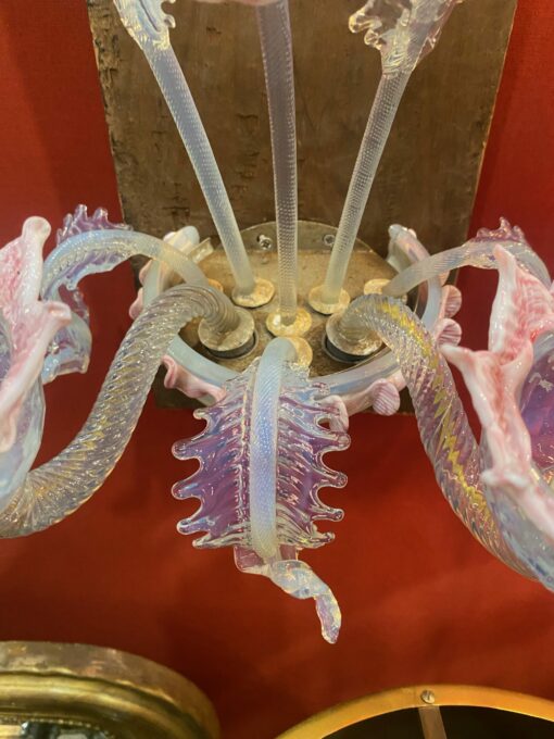 1950/70 ‘Murano Chandelier with 8 Light Arms in Opalescent Blue Glass and Pink Glass Paste With Sconces Pair - Image 19