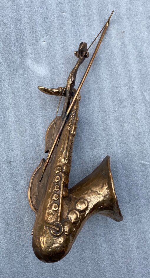 1970/80 Saxophone And Violin In Bronze, Sculpture Signed LOHE
