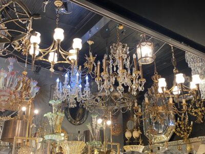 1920/50′ Pair Of Bronze And Brass Chandeliers With Arbus Style Arrow By Maison Jansen 6 Bulbs