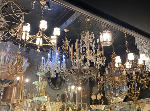 1920/50′ Pair Of Bronze And Brass Chandeliers With Arbus Style Arrow By Maison Jansen 6 Bulbs