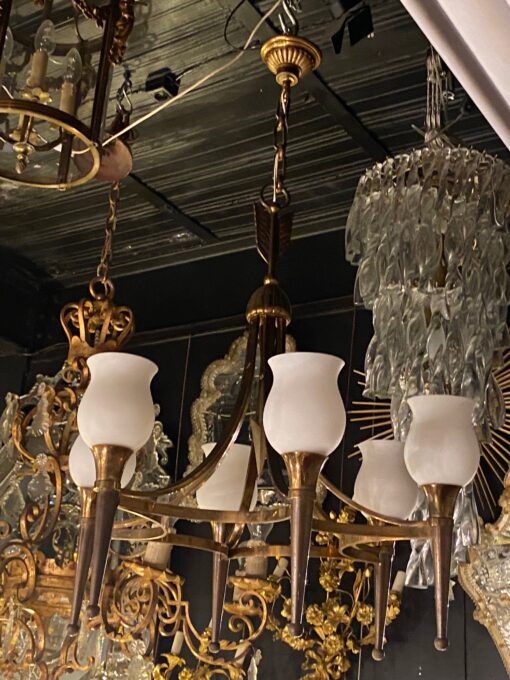 1920/50′ Pair Of Bronze And Brass Chandeliers With Arbus Style Arrow By Maison Jansen 6 Bulbs - Image 5