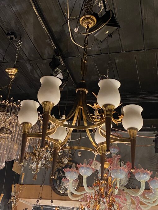 1920/50′ Pair Of Bronze And Brass Chandeliers With Arbus Style Arrow By Maison Jansen 6 Bulbs - Image 4