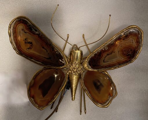 1970 Butterfly Wall Lamp in Bronze or Brass, Duval Brasseur Or Isabelle Faure, 4 Bulbs, Agate Wings: 33 X H 28 cm - Image 10