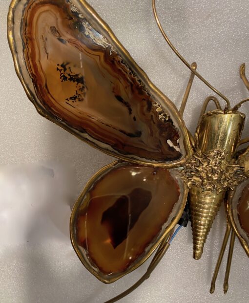 1970 Butterfly Wall Lamp in Bronze or Brass, Duval Brasseur Or Isabelle Faure, 4 Bulbs, Agate Wings: 33 X H 28 cm - Image 7